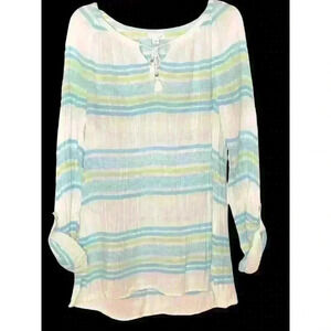 J Jill tunic M cotton scoop neck roll tab raglan sleeve lagenlook hi lo crinkle